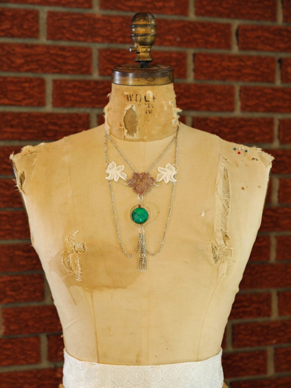Handmade floral Lace Necklace | Ivory + Brown Lace | Malachite Green Stone |